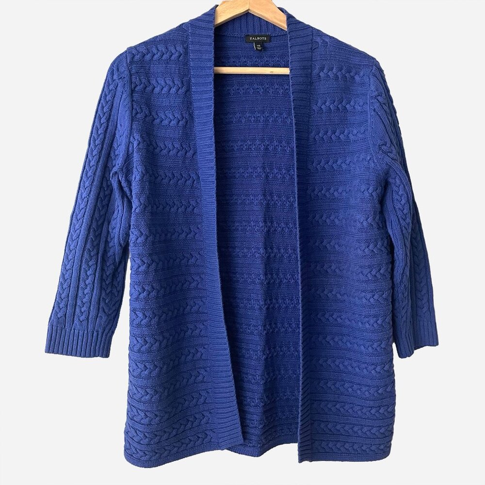 Talbots Cotton Open Front Cable Knit Cardigan Blue XS